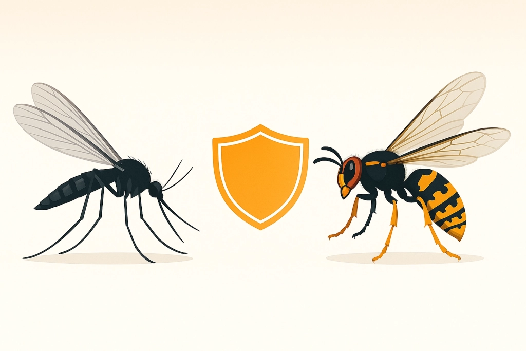 un moustique à gauche et une guêpe à droite séparés par un bouclier orange symbolisant la protection antiparasitaire.